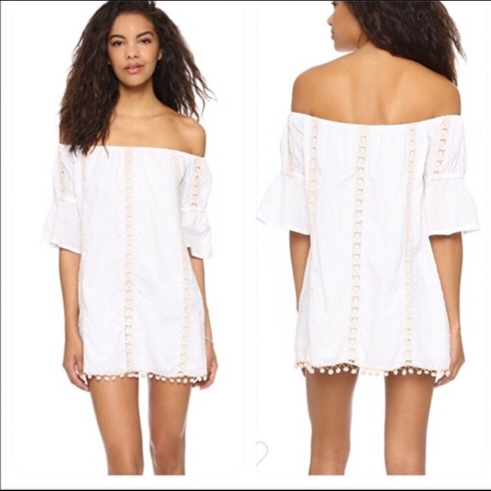 Tularosa White Lace Pom Pom off the shoulder dress